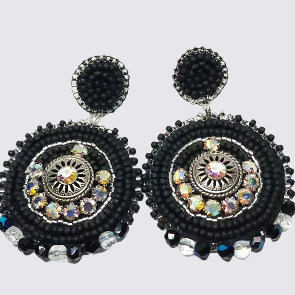 Beaded Dangle Earrings, Handmade, Black